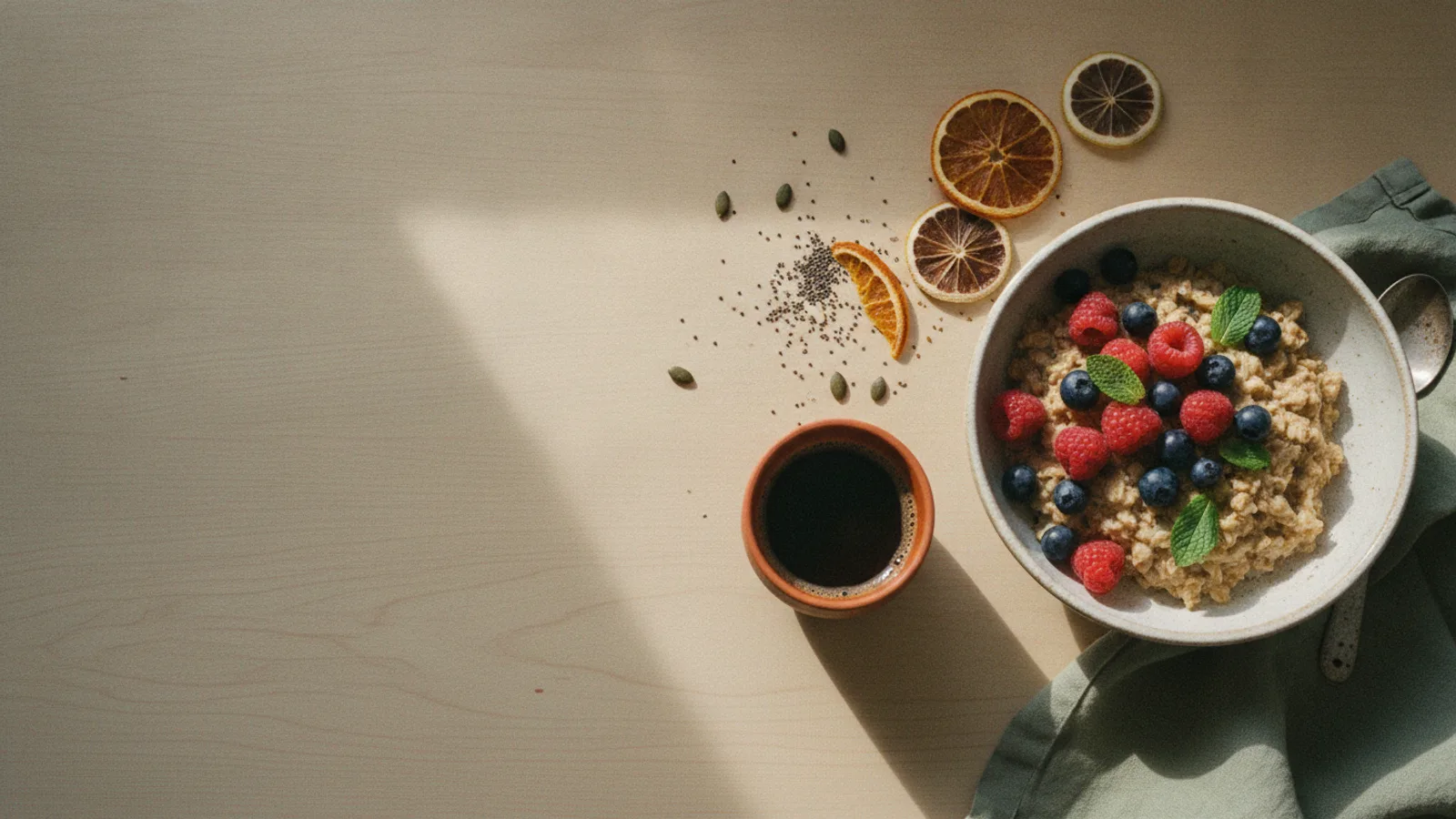Bowl de avena con frutas, café y hierbas sobre mesa de madera con luz natural