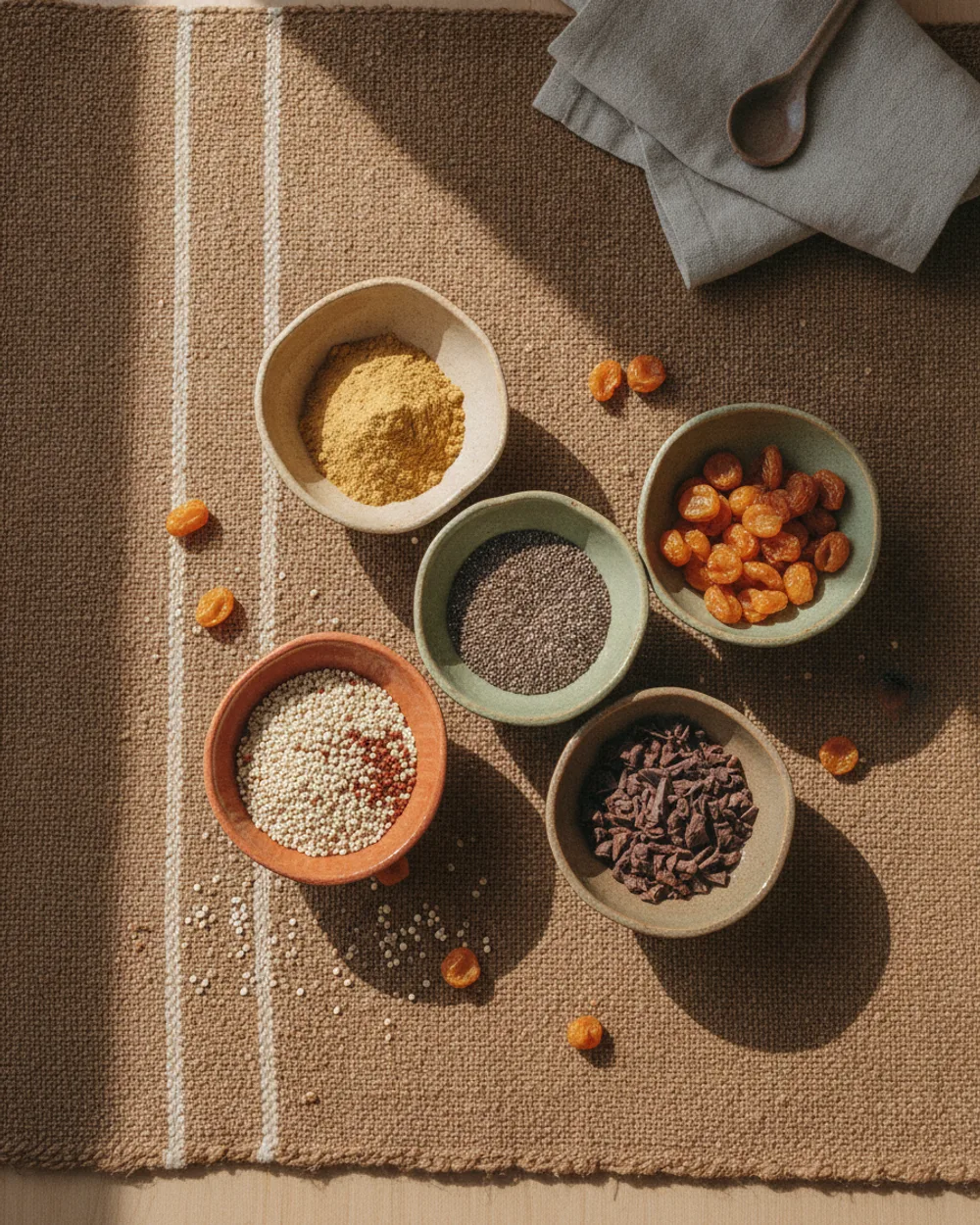 Superalimentos andinos en cuencos de cerámica sobre textil tejido