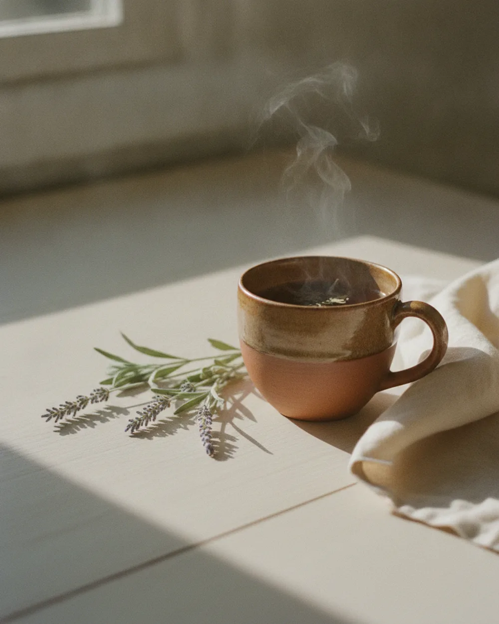 Té de hierbas en taza de cerámica, sereno
