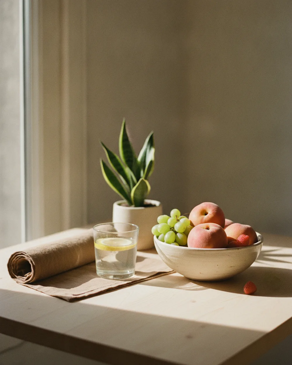 Mat de lino, agua con limón y fruta fresca